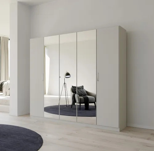 Kleiderschrank Drehtürenschrank Quadra-Spin | 5-türig | mit Spiegeltüren | seidengrau | 226x210 | Griff Pure