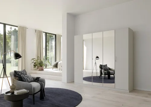 Kleiderschrank Drehtürenschrank Quadra-Spin | 5-türig | mit Spiegeltüren | seidengrau | 226x210 | Griff Pure