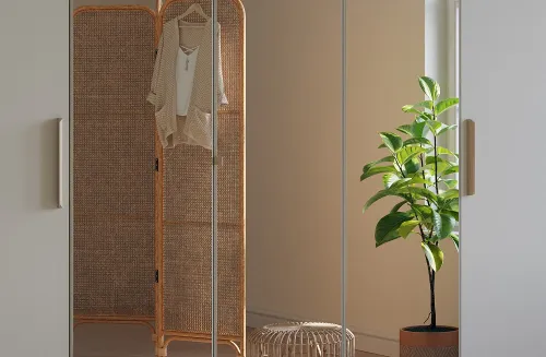 Kleiderschrank Drehtürenschrank Quadra-Spin | 5-türig | mit Spiegeltüren | seidengrau | 226x210 | Griff Skandi