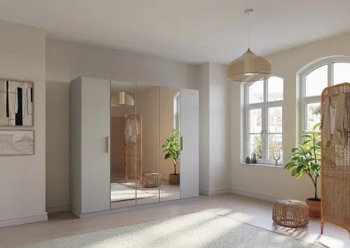 Kleiderschrank Drehtürenschrank Quadra-Spin | 5-türig | mit Spiegeltüren | seidengrau | 226x210 | Griff Skandi