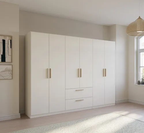 Kleiderschrank Drehtürenschrank Quadra-Spin | 6-türig | mit Schubkästen | alpinweiß | 271x210 | Griff Skandi