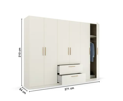 Kleiderschrank Drehtürenschrank Quadra-Spin | 6-türig | mit Schubkästen | alpinweiß | 271x210 | Griff Skandi