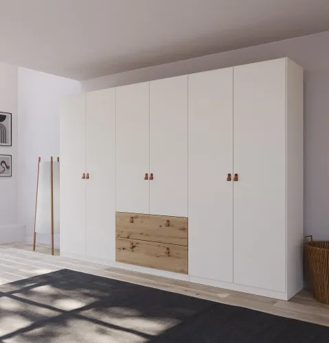 Kleiderschrank Drehtürenschrank Quadra-Spin | 6-türig | mit Schubkästen | alpinweiß / Eiche Artisan | 271x210 | Griff Homey