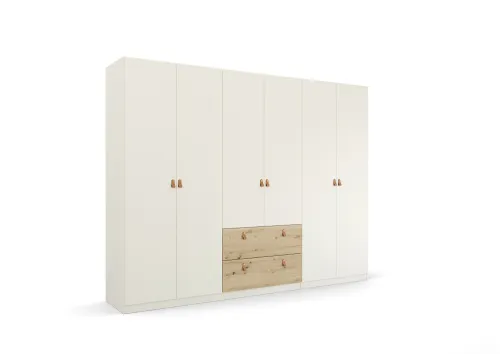 Kleiderschrank Drehtürenschrank Quadra-Spin | 6-türig | mit Schubkästen | alpinweiß / Eiche Artisan | 271x210 | Griff Homey