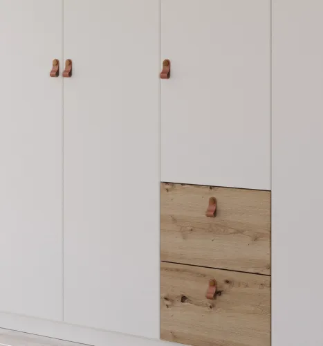 Kleiderschrank Drehtürenschrank Quadra-Spin | 6-türig | mit Schubkästen | alpinweiß / Eiche Artisan | 271x210 | Griff Homey