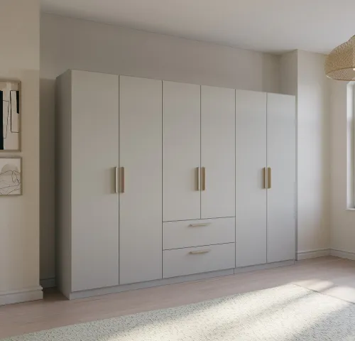 Kleiderschrank Drehtürenschrank Quadra-Spin | 6-türig | mit Schubkästen | seidengrau | 271x210 | Griff Skandi