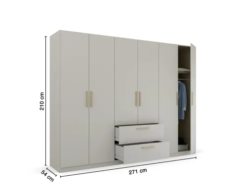 Kleiderschrank Drehtürenschrank Quadra-Spin | 6-türig | mit Schubkästen | seidengrau | 271x210 | Griff Skandi