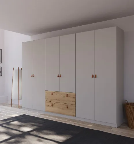 Kleiderschrank Drehtürenschrank Quadra-Spin | 6-türig | mit Schubkästen | seidengrau / Eiche Artisan | 271x210 | Griff Homey