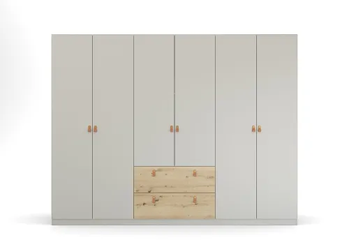 Kleiderschrank Drehtürenschrank Quadra-Spin | 6-türig | mit Schubkästen | seidengrau / Eiche Artisan | 271x210 | Griff Homey