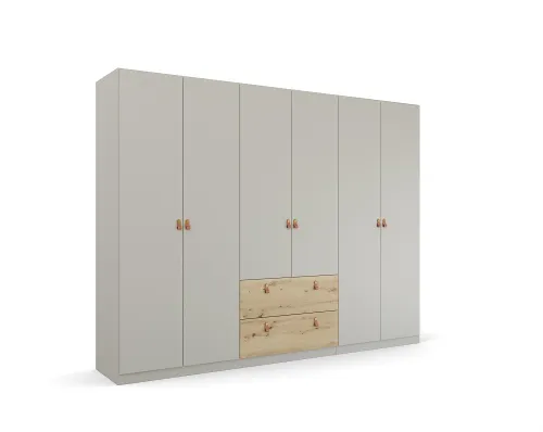 Kleiderschrank Drehtürenschrank Quadra-Spin | 6-türig | mit Schubkästen | seidengrau / Eiche Artisan | 271x210 | Griff Homey