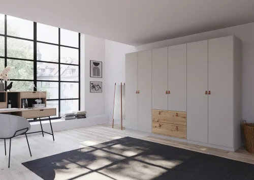 Kleiderschrank Drehtürenschrank Quadra-Spin | 6-türig | mit Schubkästen | seidengrau / Eiche Artisan | 271x210 | Griff Homey