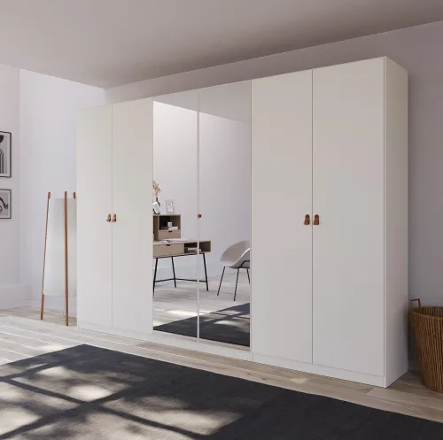 Kleiderschrank Drehtürenschrank Quadra-Spin | 6-türig | mit Spiegeltüren | alpinweiß | 271x210 | Griff Homey