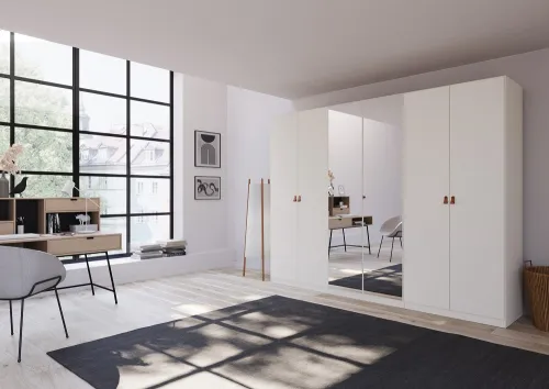 Kleiderschrank Drehtürenschrank Quadra-Spin | 6-türig | mit Spiegeltüren | alpinweiß | 271x210 | Griff Homey