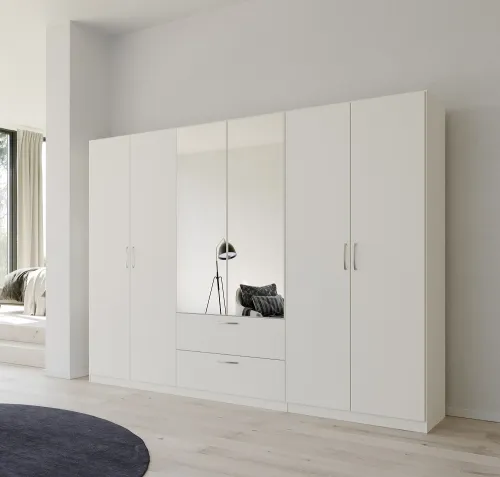 Kleiderschrank Drehtürenschrank Quadra-Spin | 6-türig | mit Spiegeltüren & Schubkästen | alpinweiß | 271x210 | Griff Pure