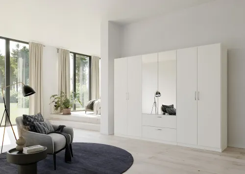 Kleiderschrank Drehtürenschrank Quadra-Spin | 6-türig | mit Spiegeltüren & Schubkästen | alpinweiß | 271x210 | Griff Pure