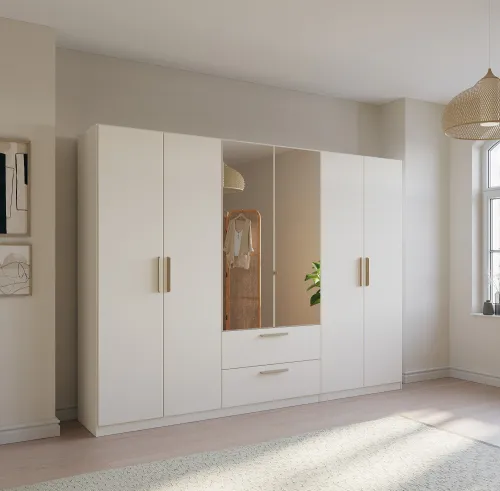 Kleiderschrank Drehtürenschrank Quadra-Spin | 6-türig | mit Spiegeltüren & Schubkästen | alpinweiß | 271x210 | Griff Skandi