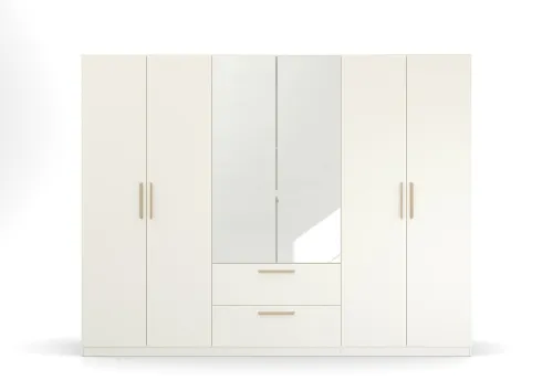 Kleiderschrank Drehtürenschrank Quadra-Spin | 6-türig | mit Spiegeltüren & Schubkästen | alpinweiß | 271x210 | Griff Skandi