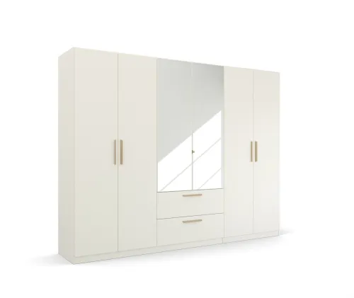 Kleiderschrank Drehtürenschrank Quadra-Spin | 6-türig | mit Spiegeltüren & Schubkästen | alpinweiß | 271x210 | Griff Skandi