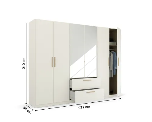 Kleiderschrank Drehtürenschrank Quadra-Spin | 6-türig | mit Spiegeltüren & Schubkästen | alpinweiß | 271x210 | Griff Skandi