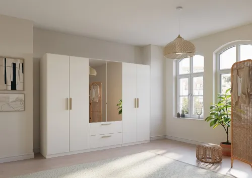 Kleiderschrank Drehtürenschrank Quadra-Spin | 6-türig | mit Spiegeltüren & Schubkästen | alpinweiß | 271x210 | Griff Skandi