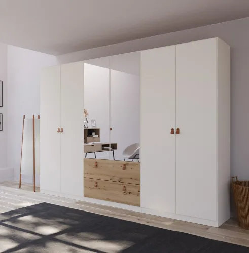 Kleiderschrank Drehtürenschrank Quadra-Spin | 6-türig | mit Spiegeltüren & Schubkästen | alpinweiß / Eiche Artisan | 271x210 | Griff Homey