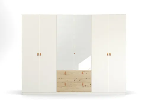 Kleiderschrank Drehtürenschrank Quadra-Spin | 6-türig | mit Spiegeltüren & Schubkästen | alpinweiß / Eiche Artisan | 271x210 | Griff Homey