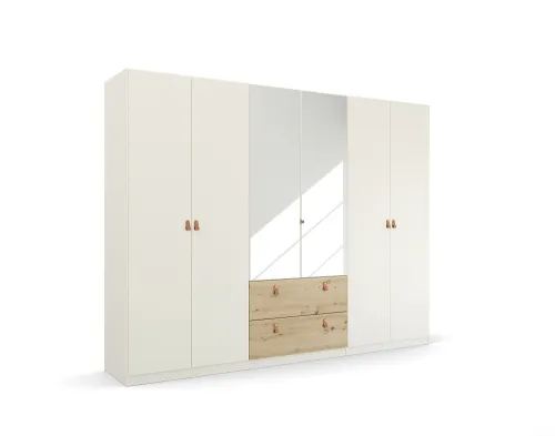 Kleiderschrank Drehtürenschrank Quadra-Spin | 6-türig | mit Spiegeltüren & Schubkästen | alpinweiß / Eiche Artisan | 271x210 | Griff Homey