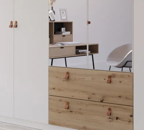 Kleiderschrank Drehtürenschrank Quadra-Spin | 6-türig | mit Spiegeltüren & Schubkästen | alpinweiß / Eiche Artisan | 271x210 | Griff Homey