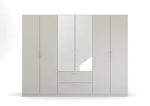 Kleiderschrank Drehtürenschrank Quadra-Spin | 6-türig | mit Spiegeltüren & Schubkästen | seidengrau | 271x210 | Griff Pure