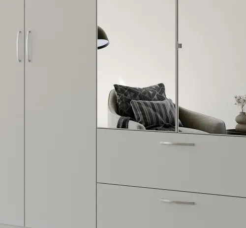 Kleiderschrank Drehtürenschrank Quadra-Spin | 6-türig | mit Spiegeltüren & Schubkästen | seidengrau | 271x210 | Griff Pure