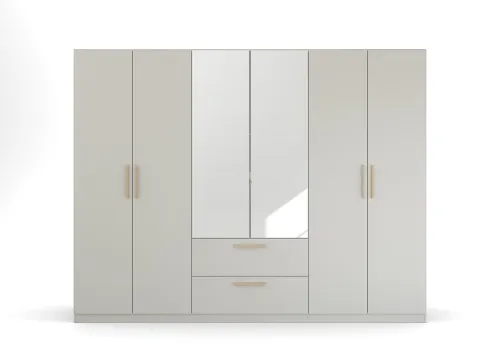 Kleiderschrank Drehtürenschrank Quadra-Spin | 6-türig | mit Spiegeltüren & Schubkästen | seidengrau | 271x210 | Griff Skandi