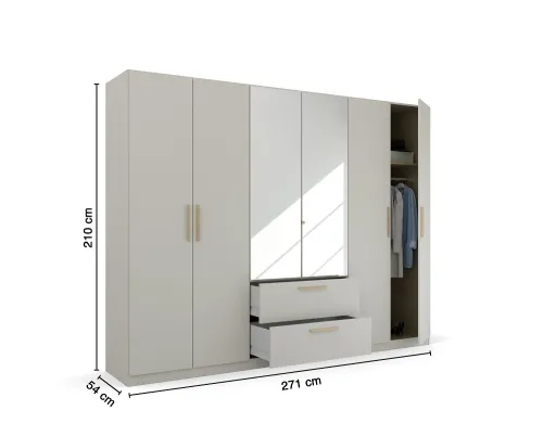 Kleiderschrank Drehtürenschrank Quadra-Spin | 6-türig | mit Spiegeltüren & Schubkästen | seidengrau | 271x210 | Griff Skandi