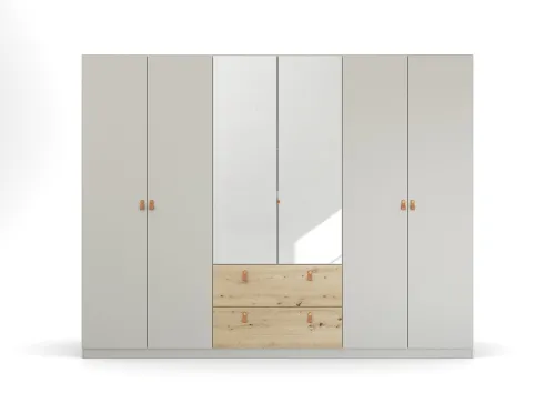 Kleiderschrank Drehtürenschrank Quadra-Spin | 6-türig | mit Spiegeltüren & Schubkästen | seidengrau / Eiche Artisan | 271x210 | Griff Homey