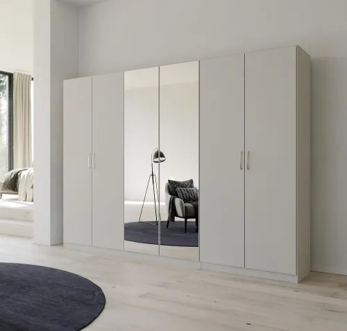 Kleiderschrank Drehtürenschrank Quadra-Spin | 6-türig | mit Spiegeltüren | seidengrau | 271x210 | Griff Pure