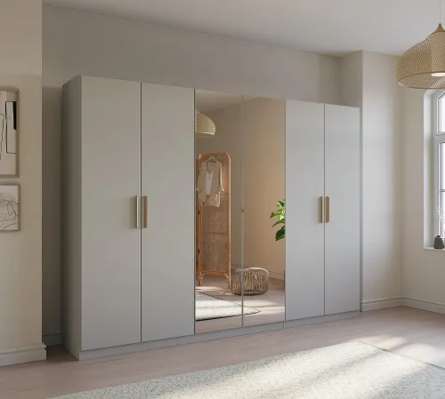 Kleiderschrank Drehtürenschrank Quadra-Spin | 6-türig | mit Spigeltüren | seidengrau | 271x210 | Griff Skandi