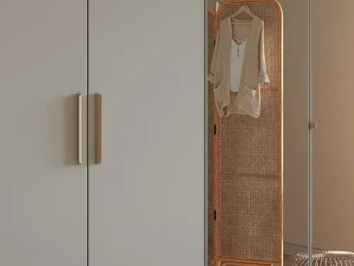 Kleiderschrank Drehtürenschrank Quadra-Spin | 6-türig | mit Spigeltüren | seidengrau | 271x210 | Griff Skandi