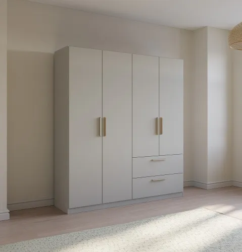 Kleiderschrank Drehtürenschrank Skandi | 4-türig | mit Schubkästen | seidengrau | 181x210