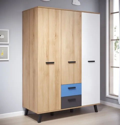 Kleiderschrank Mats Color | 3-türig | Bianco Buche / blau oder rosa