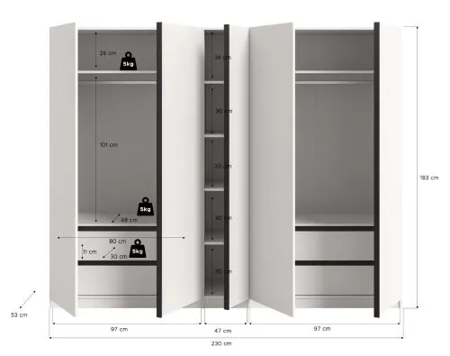 Kleiderschrank Oakland | mit 5 Türen & Schubkästeneinsätzen | weiß