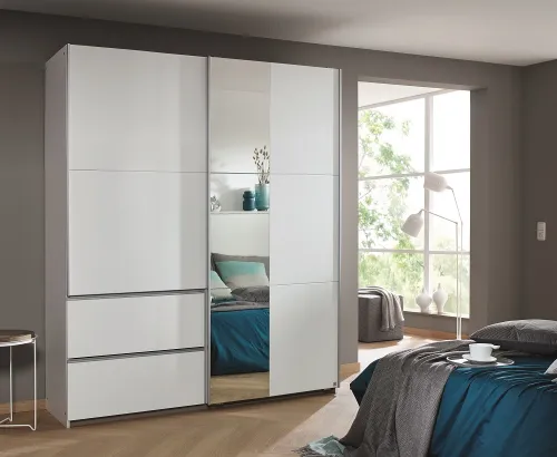 Kleiderschrank Schwebetürenschrank Sevilla mit Spiegel | 2-türig | Alpinweiß 175 x 210 x 59 cm