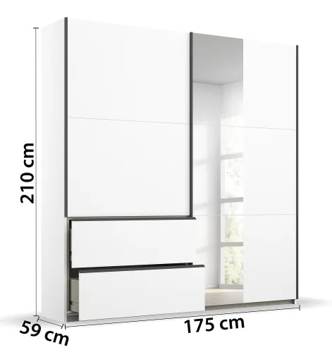 Kleiderschrank Schwebetürenschrank Sevilla mit Spiegel | 2-türig | Alpinweiß / grau metallic | 175 x 210 x 59 cm