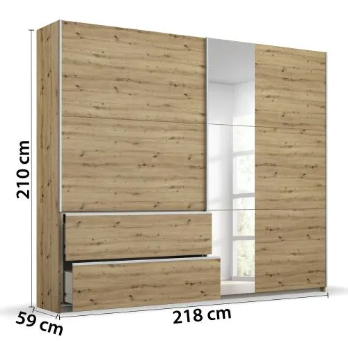 Kleiderschrank Schwebetürenschrank Sevilla mit Spiegel | 2-türig | Eiche Artisan | 218 x 210 x 59 cm