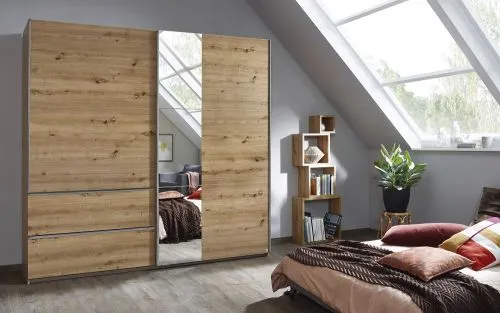 Kleiderschrank Schwebetürenschrank Sevilla mit Spiegel | 2-türig | Eiche Artisan | 218 x 210 x 59 cm