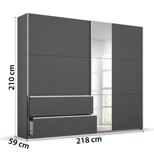 Kleiderschrank Schwebetürenschrank Sevilla mit Spiegel | 2-türig | grau metallic | 218 x 210 x 59 cm