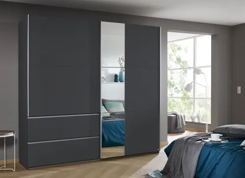 Kleiderschrank Schwebetürenschrank Sevilla mit Spiegel | 2-türig | grau metallic | 218 x 210 x 59 cm