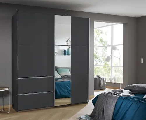 Kleiderschrank Schwebetürenschrank Sevilla mit Spiegel | 2-türig | grau metallic | verschiedene Größen