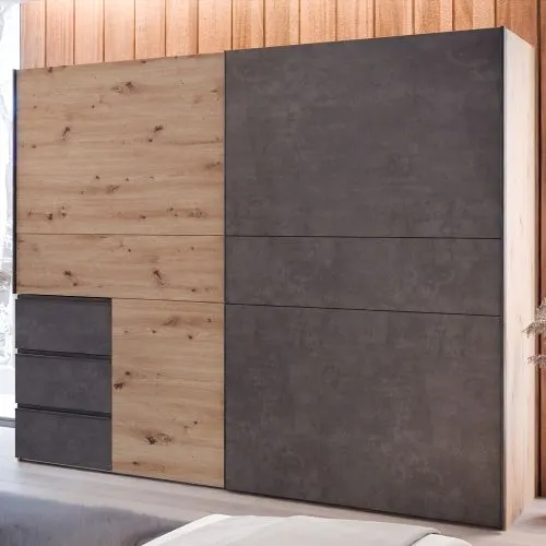 Kleiderschrank Schwebetürenschrank WINN 2 | 2-türig | Artisan Eiche / Dunkelgrau | 249x200,5x61,2 cm