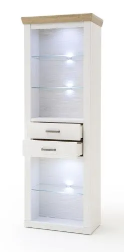 Kombi-Regal Brixen, Weiß Pinie Dekor, Landhausstil, Vitrine mit 4 Glasböden, 2 Schubkästen, LED-Beleuchtung – Ansicht 2
