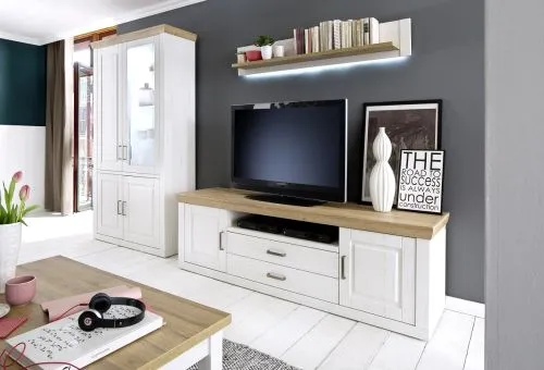 Kombi-Vitrine Brixen | Landhaus modern | Pinie Aurelio / Grandson Oak mit 3er Set LED Glasbodenclips