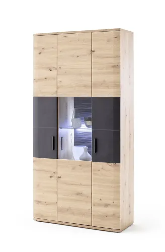 Kombi-Vitrine Cortona | Balkeneiche / anthrazit | mit 1er Set LED Rückwandbeleuchtung 30 cm